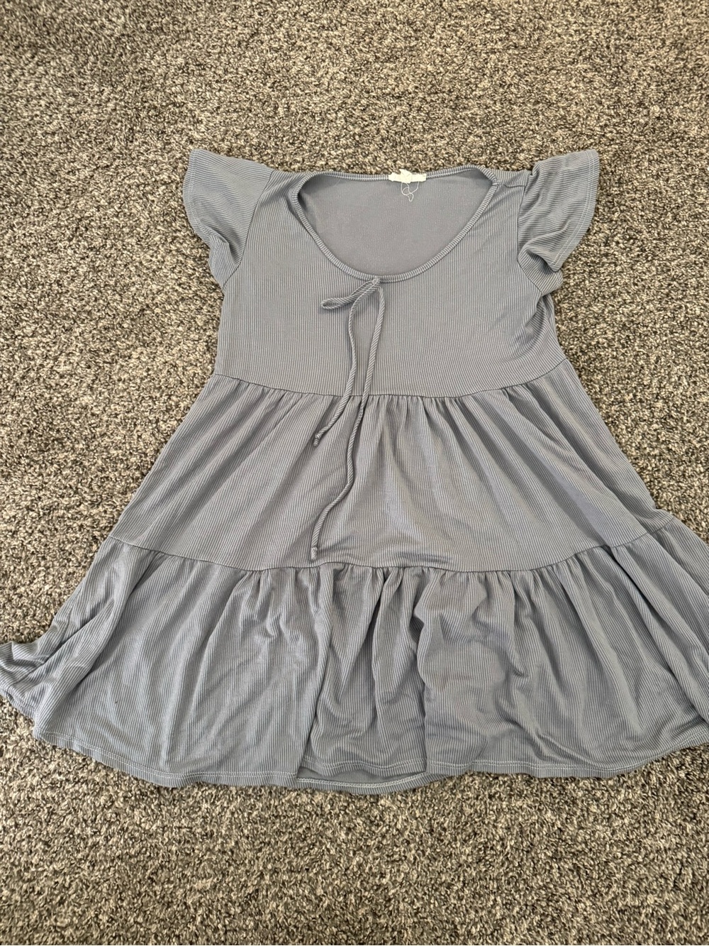 See You Monday Light Blue Tiered Mini Dress with Tie Neck